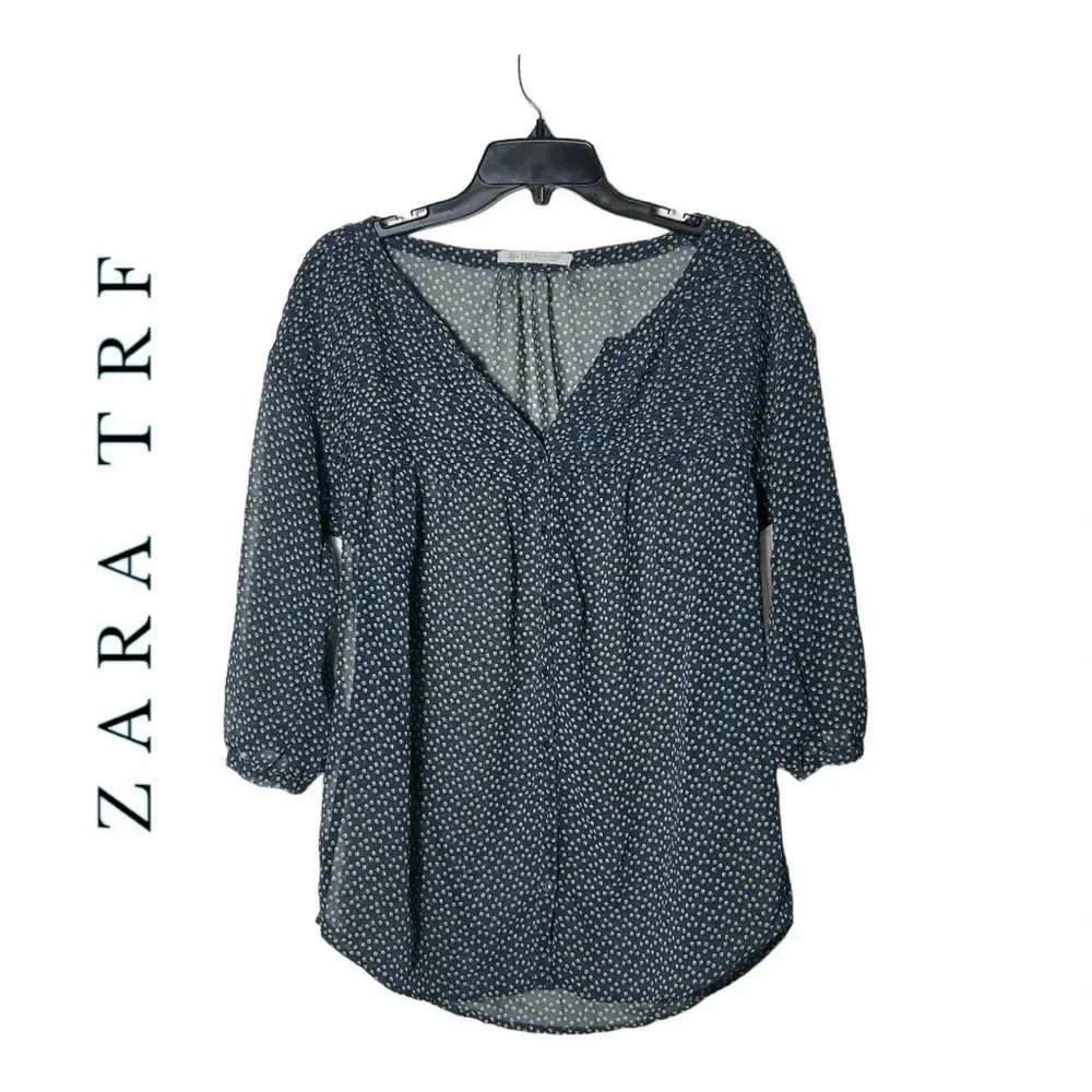 1870. ZARA TRF 3/4 SLEEVE BLOUSE NAVY BLUE WITH YELLOW CIRCLES BUTTON UP SIZE MD